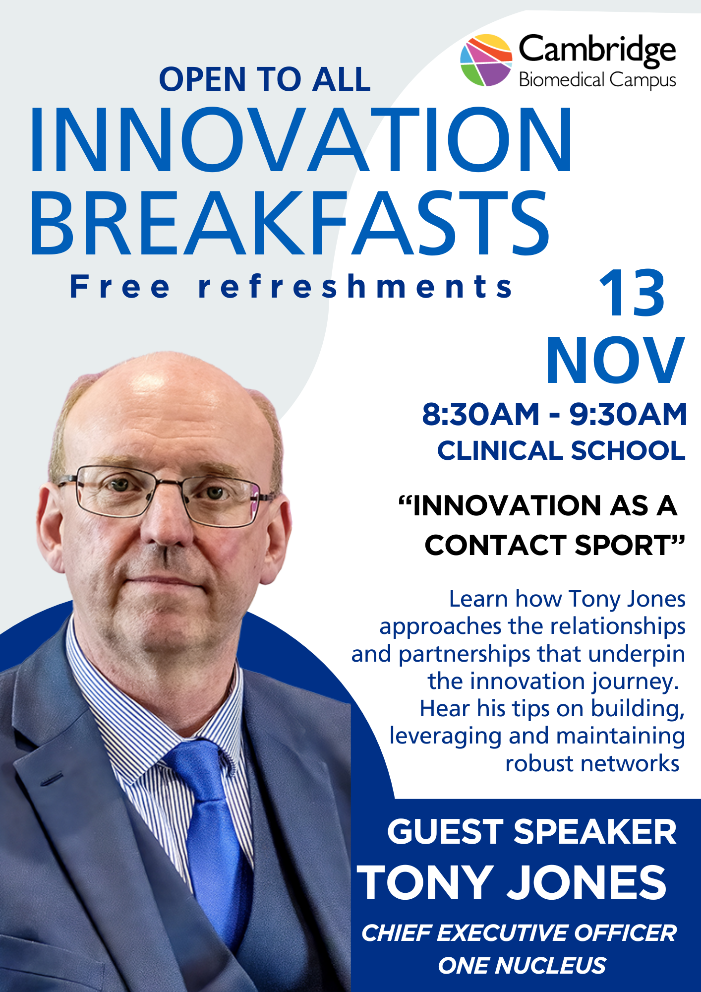 Tony Jones innovation breakfast graphic for Cambridge Biomedical Campus