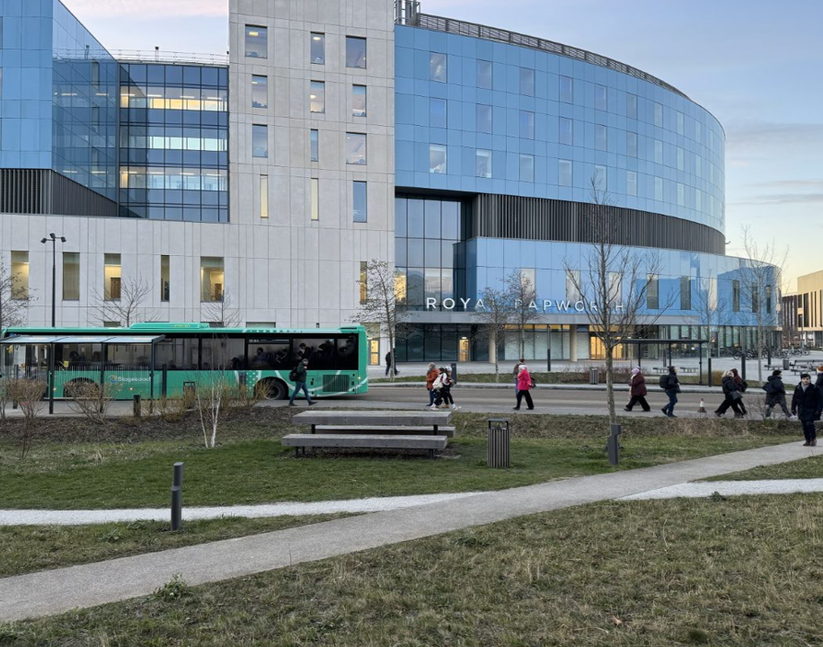 A bus outside Royal Papworth Hospital